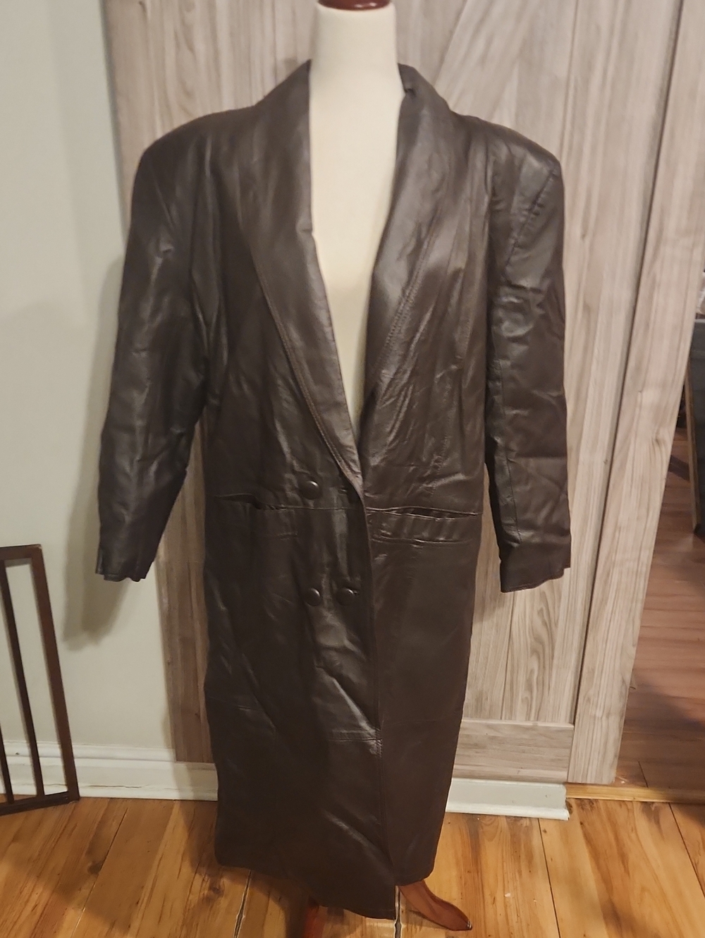 Women's Long Black Leather Coat with Shawl Lapel